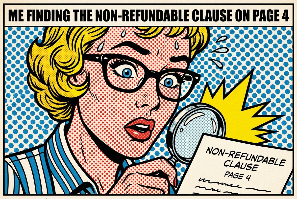 Pop-art panel of a brand marketer realizing the Aspire fees are non-refundable