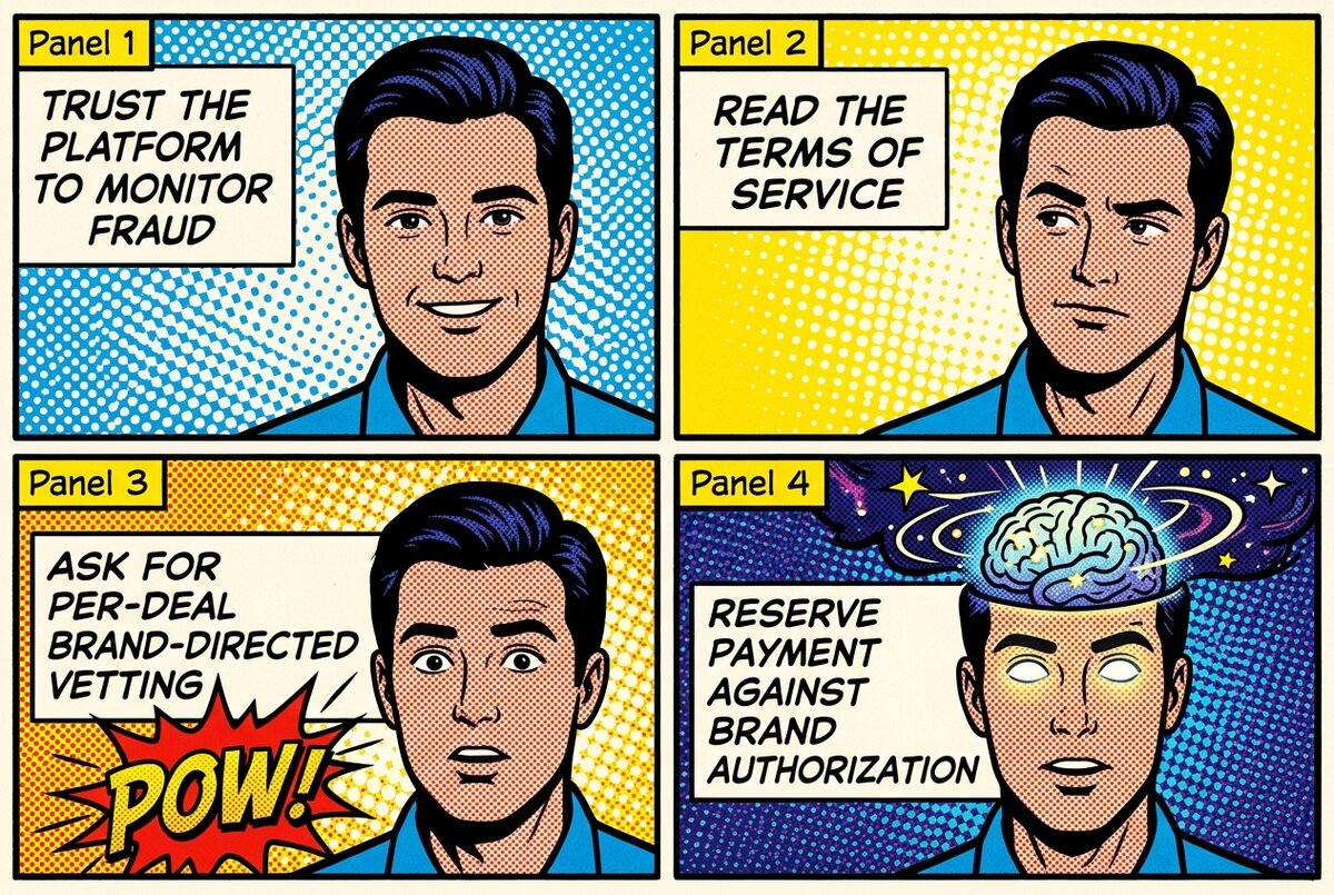 Galaxy-brain pop-art progression of a DTC brand operator escalating their fraud-protection thinking