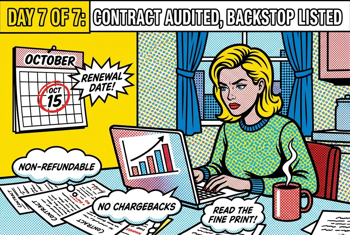 Pop-art panel of a DTC brand operator finishing a 7-day Aspire contract audit