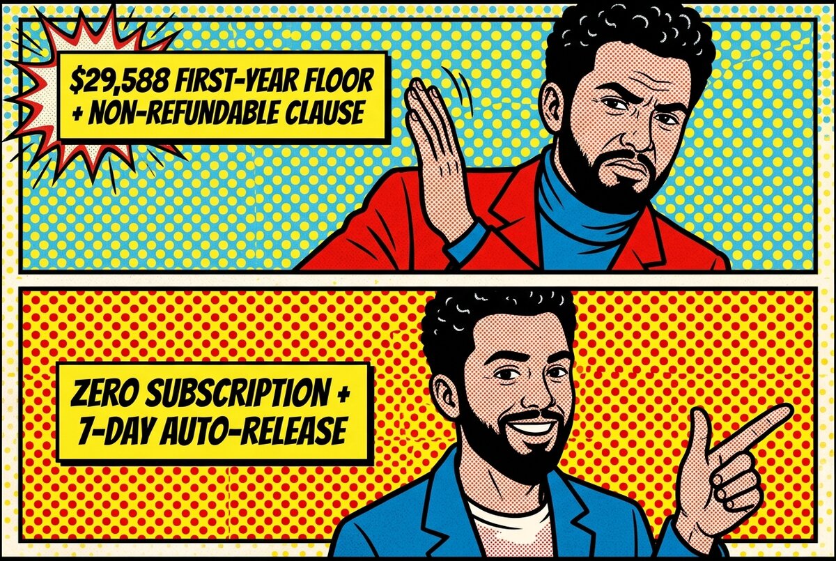 Pop-art Drake panel comparing Aspire's first-year floor with TrySpansa's zero-subscription model
