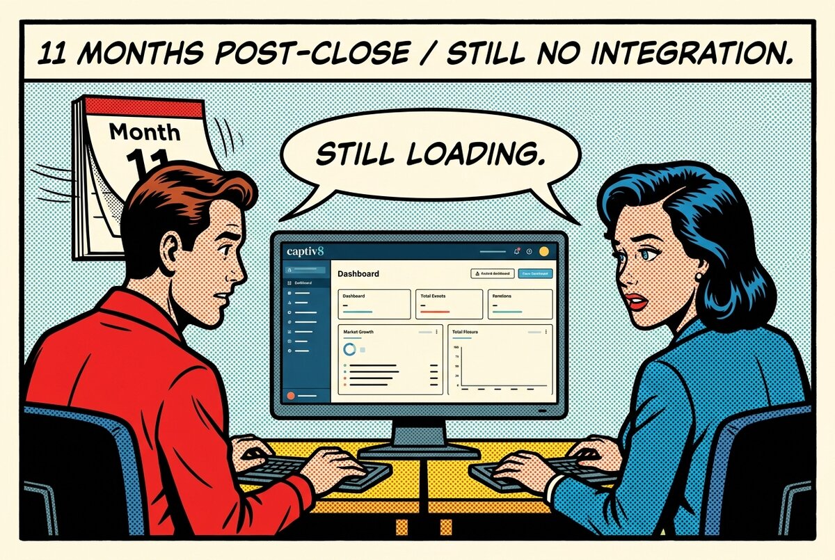 Comic-book panel of a creator and a brand marketer staring at a frozen Captiv8 dashboard with a calendar showing 11 months ticking past