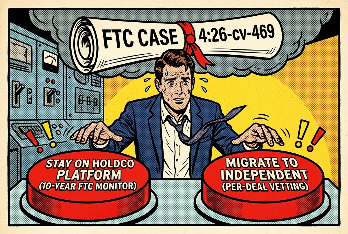 Comic-book panel showing a brand marketer choosing between staying on a holdco platform under FTC monitor and migrating to an independent with per-deal vetting