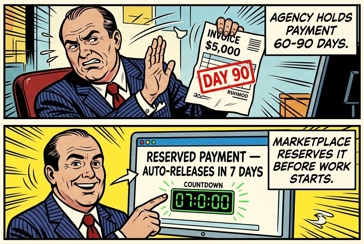 Comic-book Drake meme contrasting an agency holding a 90-day-overdue invoice versus a marketplace dashboard with reserved payment and auto-release countdown