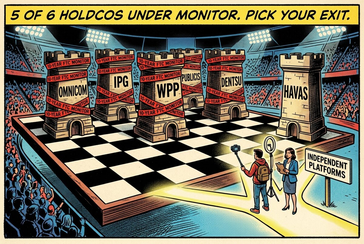 Comic-book wide shot of a chess board where 5 of 6 large tower-pieces labeled with holdco names are wrapped in red regulatory tape, while a creator and brand marketer take an independent path off the board