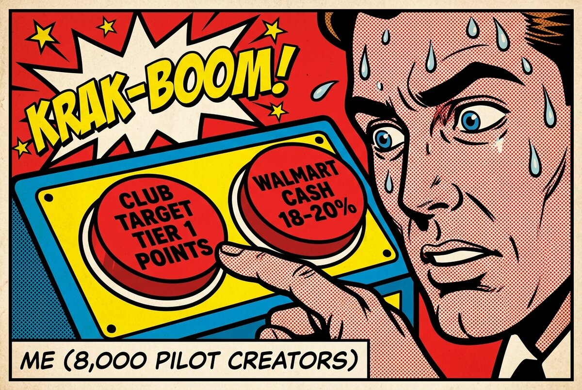 Pop-art two-buttons panel of a creator sweating over choosing between Club Target points and Walmart cash commissions