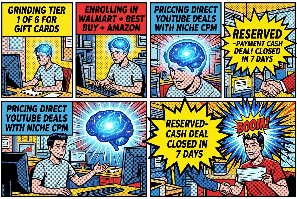 Pop-art galaxy-brain progression of a creator escalating from Tier 1 points to a reserved-payment cash deal