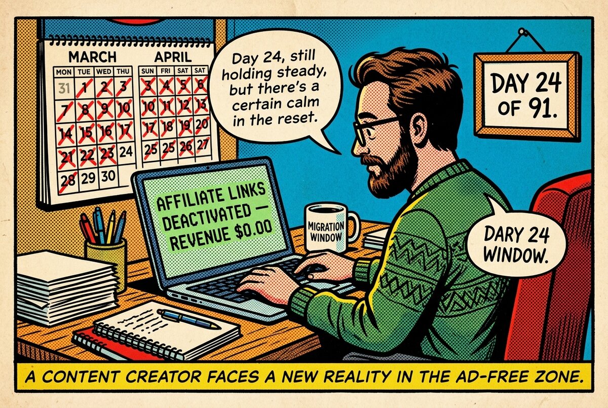 Creator at a desk in front of a laptop showing zero affiliate revenue with a calendar tracking days since Collective Voice shutdown
