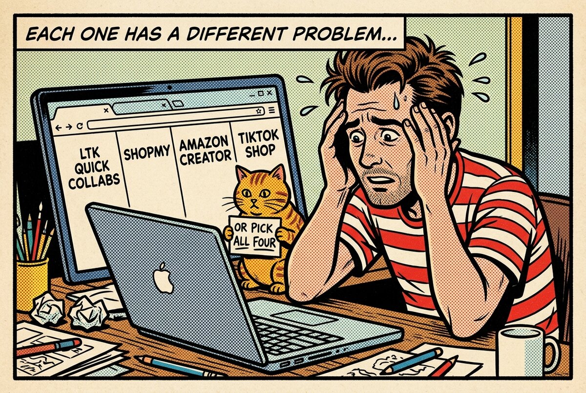 Creator looking at four different platform options on their laptop screen with a cat suggesting they pick all of them
