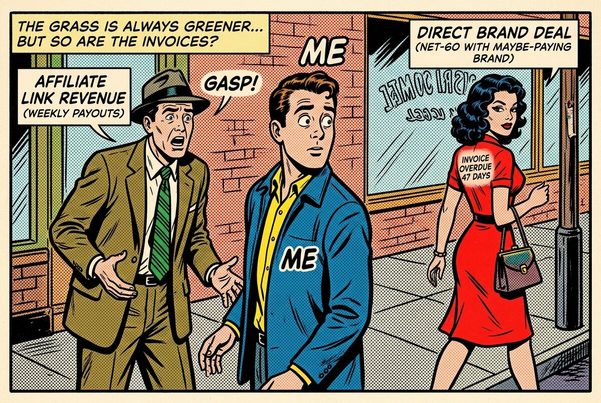 Distracted-boyfriend style comic showing a creator torn between weekly affiliate payouts and risky direct brand deals