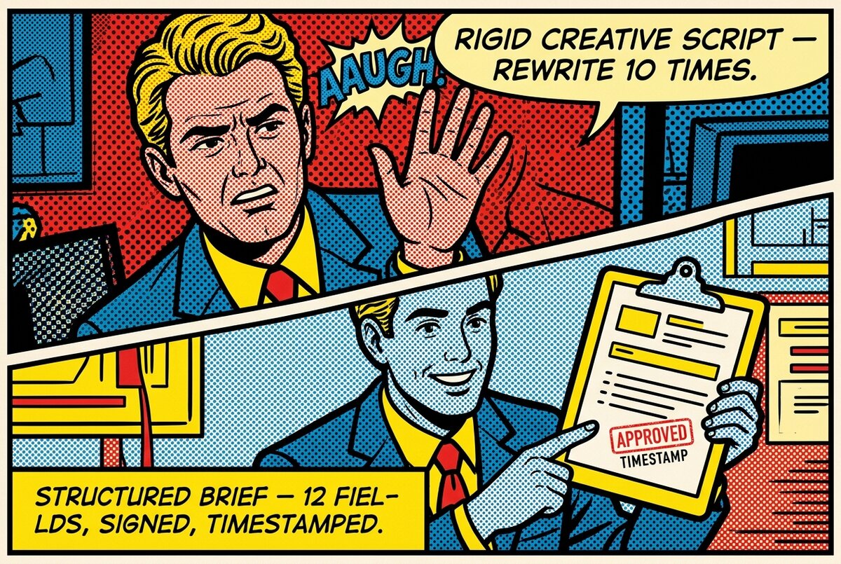 A pop-art two-panel comic contrasting rigid creative scripts with structured field-set briefs.