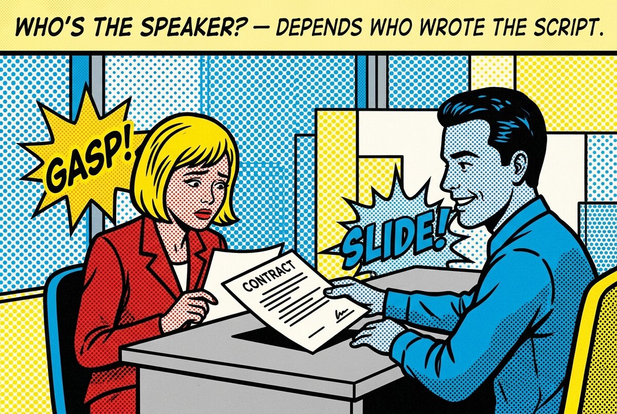 A pop-art comic of a creator and brand exec at a contract signing, with caption asking who the legal speaker is.