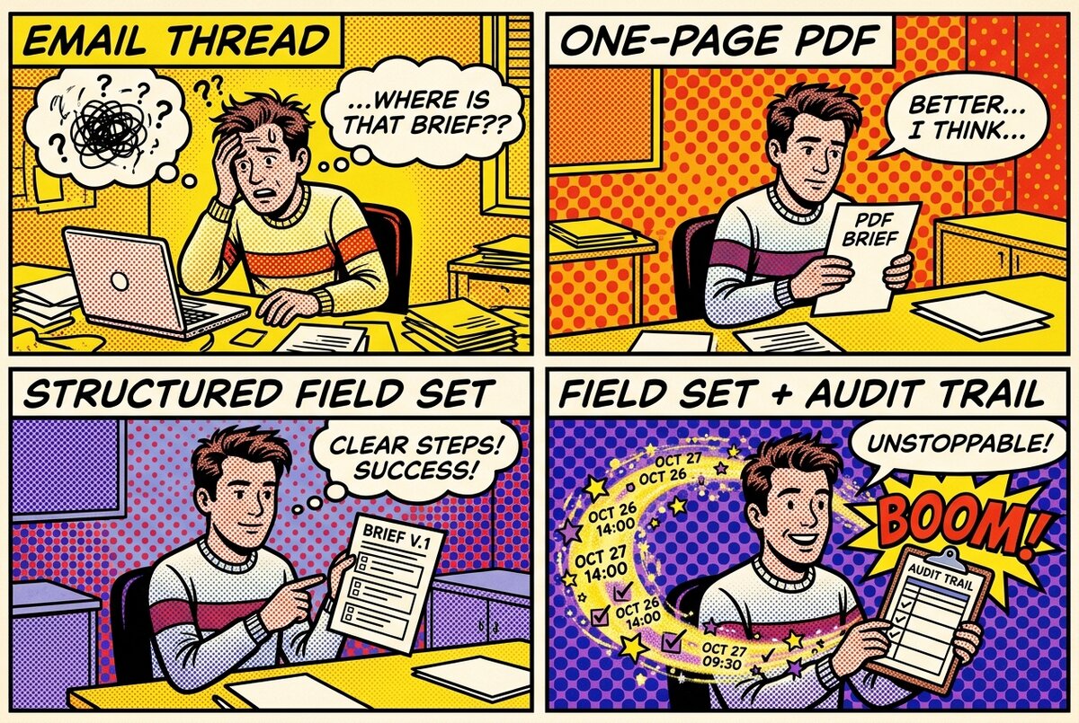 A pop-art four-panel illustration showing the progression from email-thread briefs to field-set briefs with audit trails.