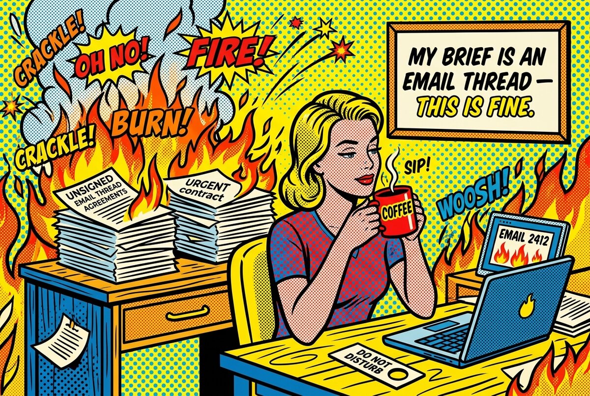 A pop-art comic of a creator calmly sitting amid burning email-thread agreements with a framed "This Is Fine" sign.