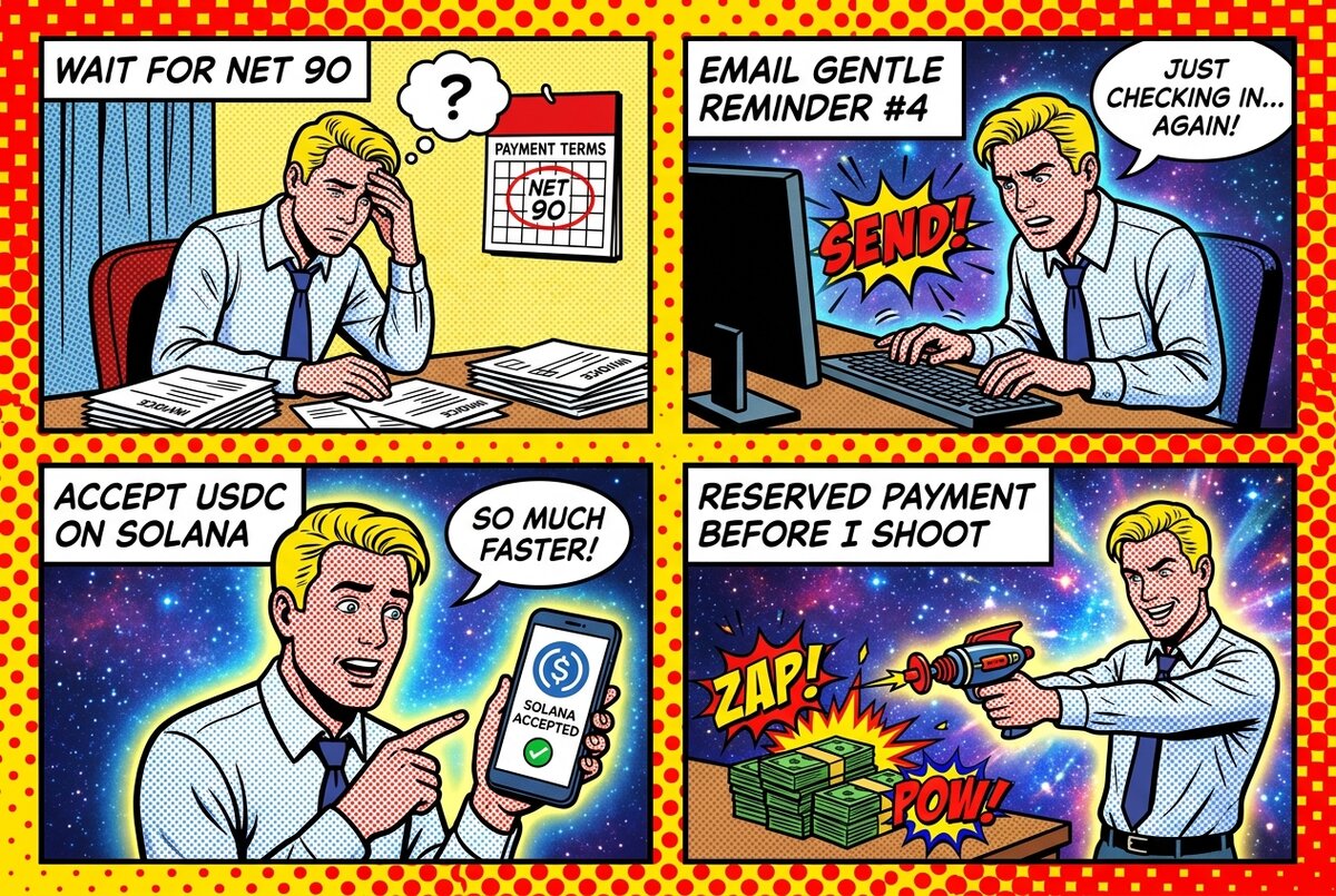 A four-level pop-art comic showing the creator's journey from waiting on Net-90 invoices to using reserved payment, with each step illustrated in Lichtenstein style.