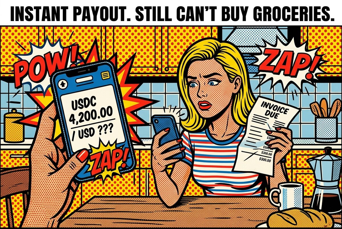 A pop-art comic showing a creator confused by their USDC balance — instant payout on the rail, but still needing to off-ramp to local currency.