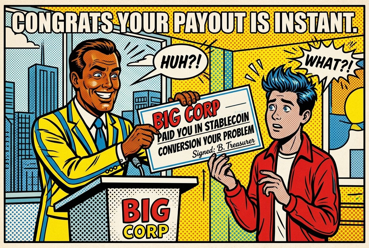 A pop-art parody of a corporate award ceremony where the creator receives an oversized stablecoin check and the conversion to local currency is left as an exercise for the reader.