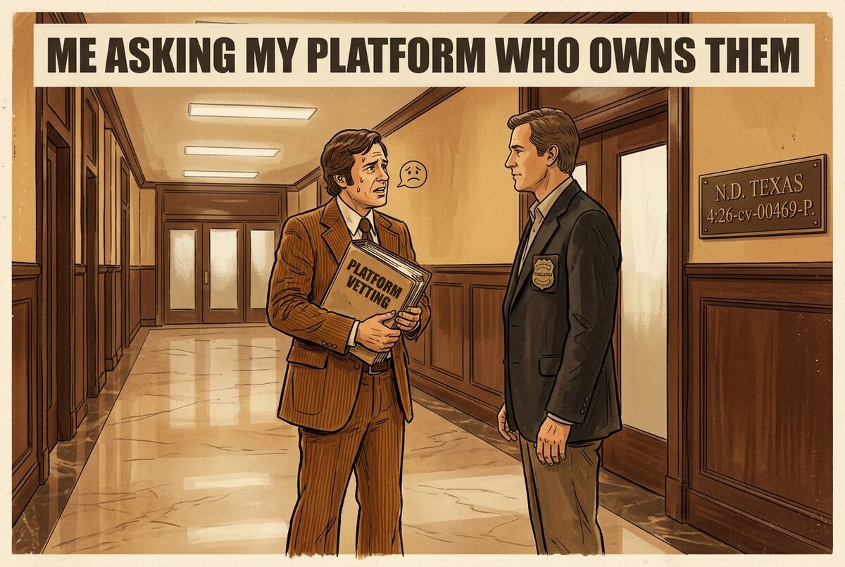 Vintage editorial illustration of a brand procurement officer asking a regulator about platform ownership in the wake of the April 15, 2026 FTC settlement