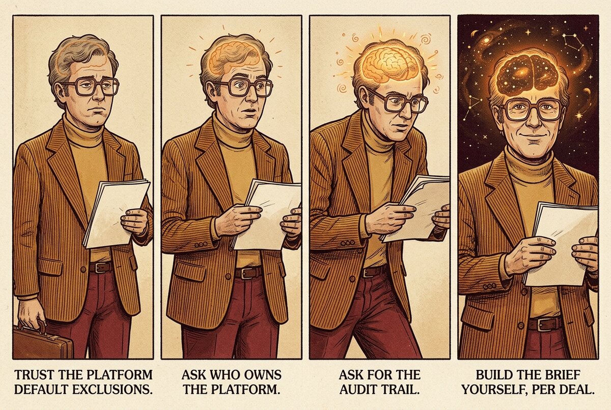 Four-level vintage illustration showing the progression of brand-side platform vetting from trusting defaults to per-deal client-directed briefs
