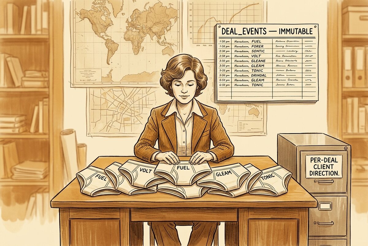 Vintage editorial tableau showing a brand procurement officer with per-deal structured briefs and an immutable deal events ledger