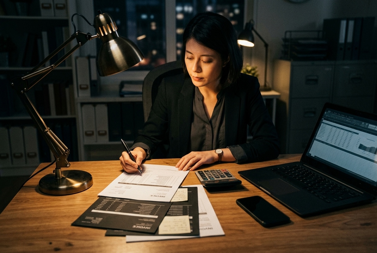 Brand marketer reviewing a sponsorship invoice with hidden cost line items for licensing, revisions, and geo adjustments