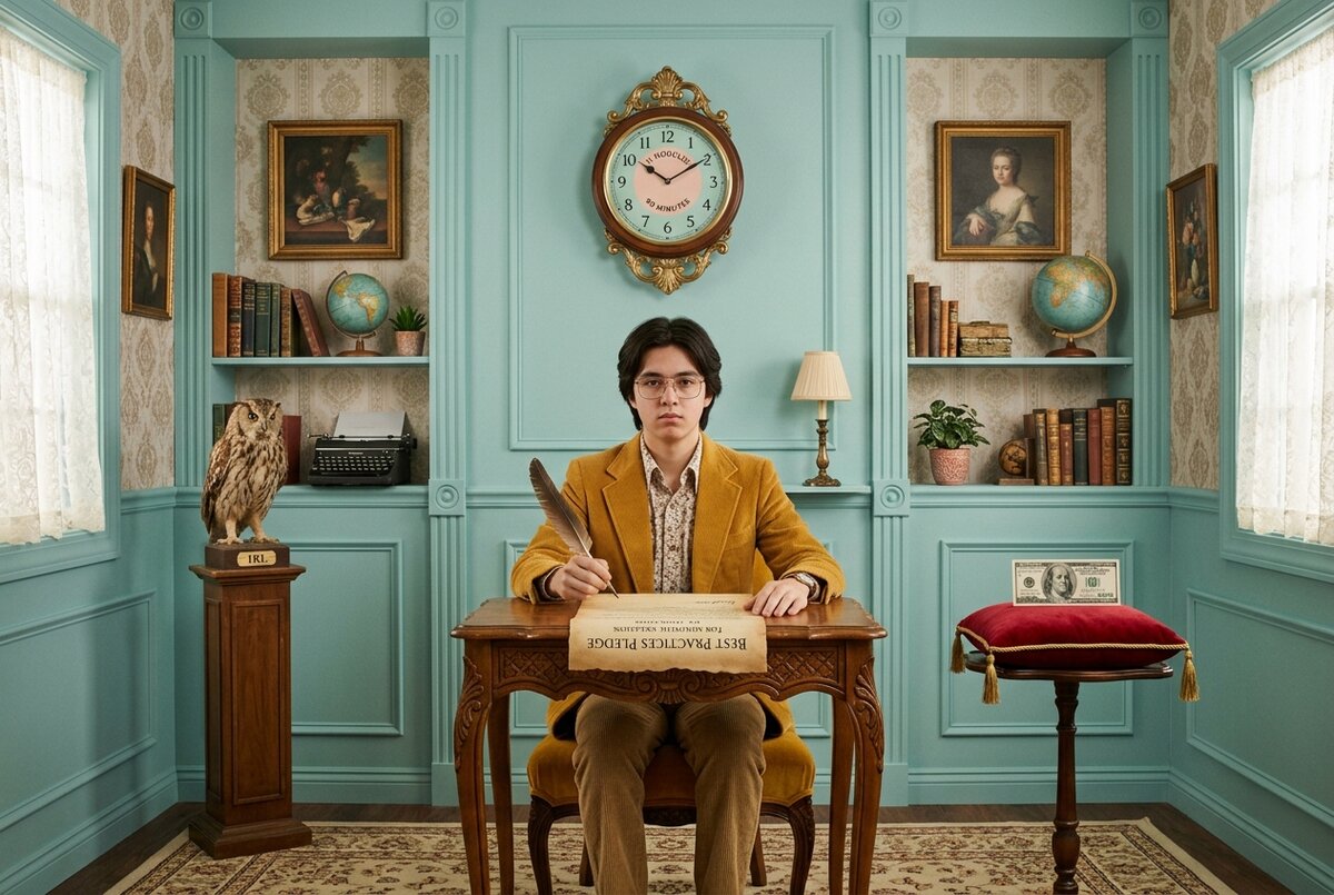 A creator at an ornate desk solemnly signing the IRI Best Practices Pledge with a $100 bill on a velvet pillow nearby