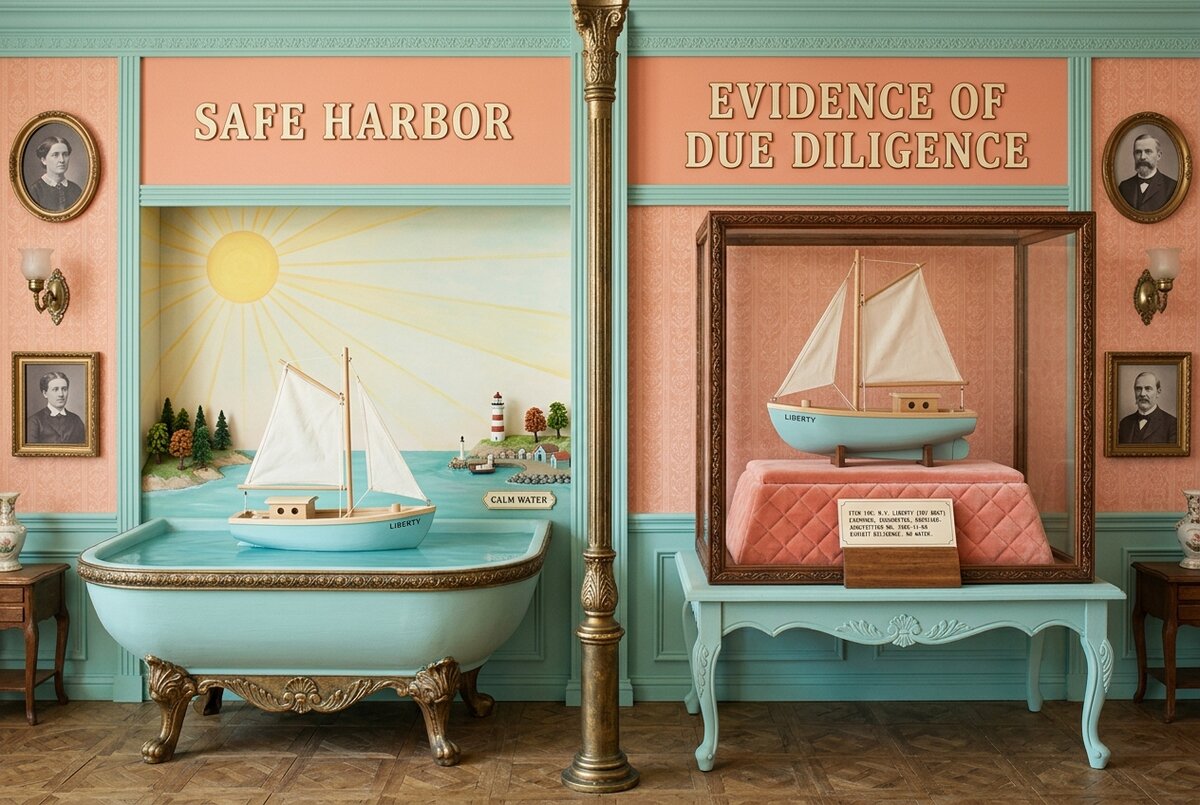 A side-by-side display showing the legal difference between a safe harbor and evidence of due diligence