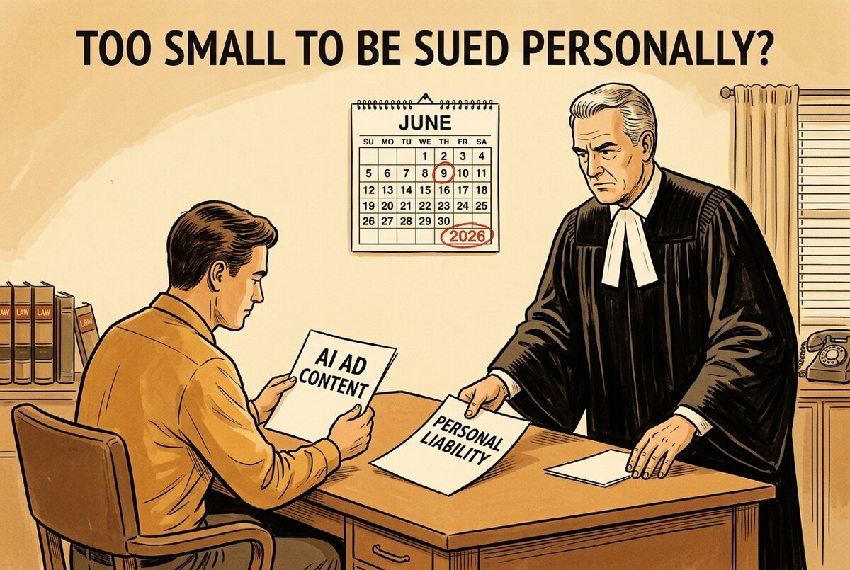 Vintage editorial illustration showing a small brand founder receiving a personal-liability notice with a June 9 2026 calendar in the background, illustrating the TruHeight veil-pierce precedent