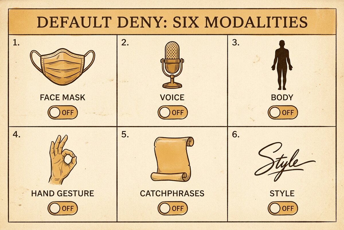 Vintage editorial six-panel illustration of the per-modality AI scope architecture, showing face voice body gestures catchphrases and style as separable dimensions each defaulting to deny