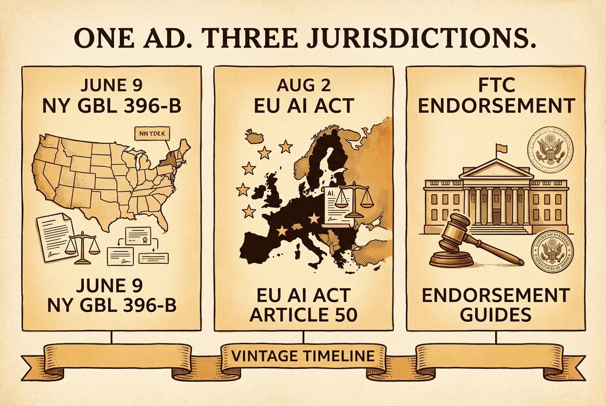 Vintage editorial three-panel timeline showing the cross-jurisdiction compliance landscape New York June 9 EU August 2 and FTC Endorsement Guides