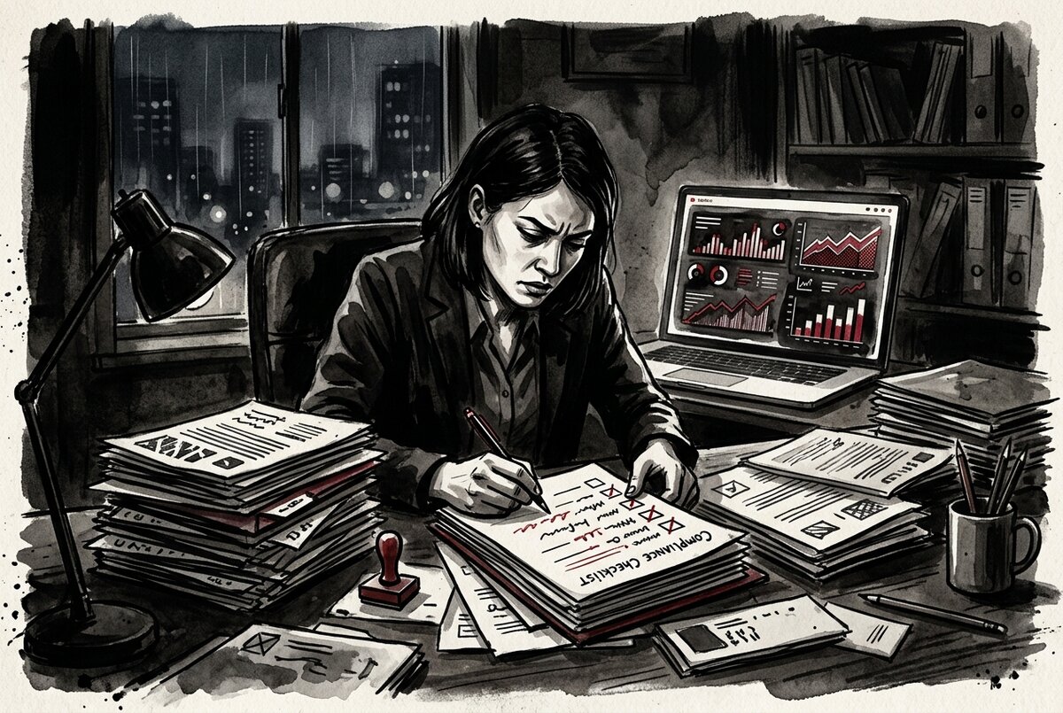 Brand marketer reviewing FTC compliance documents and YouTube sponsorship disclosure requirements at their desk