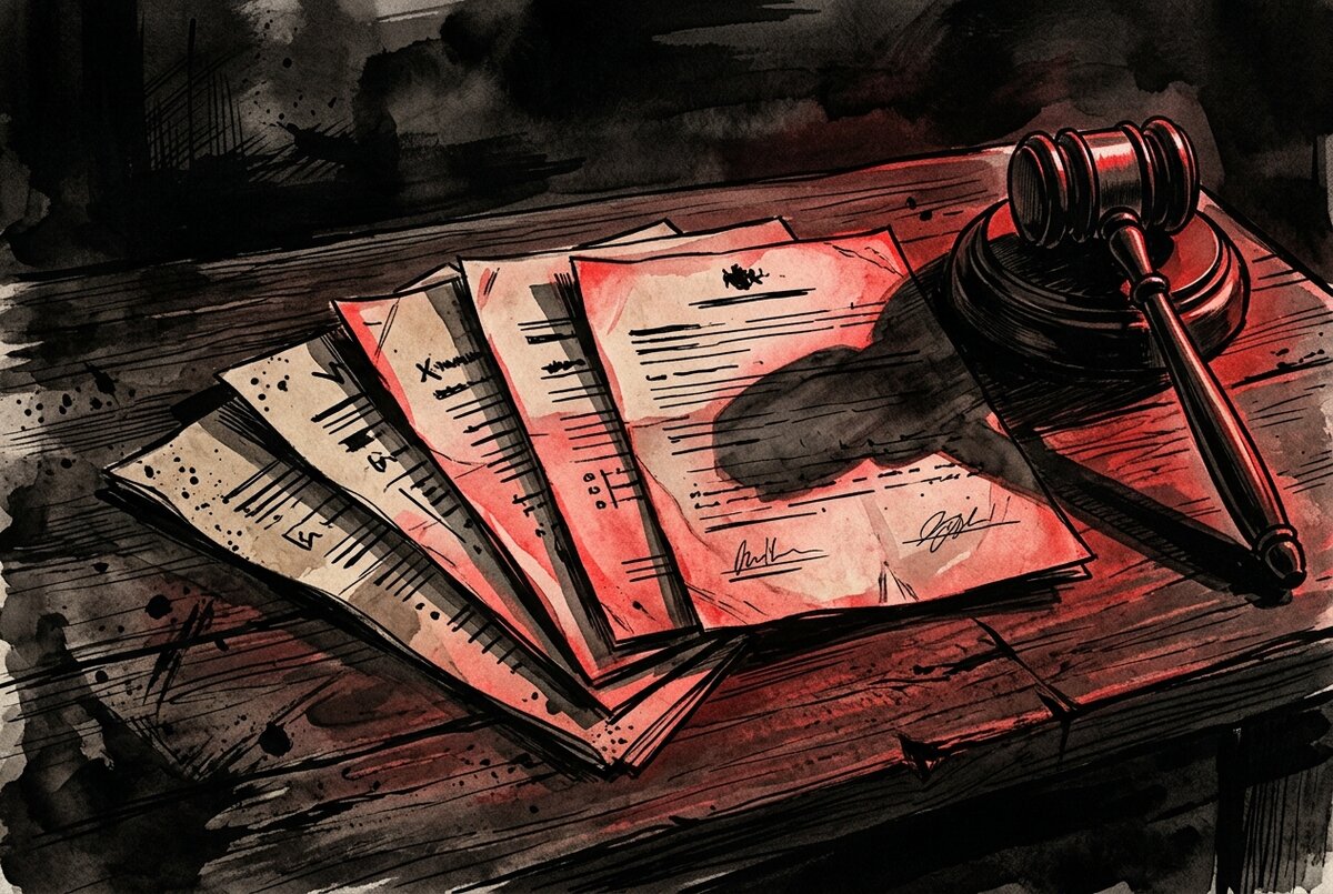 Five class action lawsuit documents totaling over one billion dollars spread across a desk with a gavel shadow