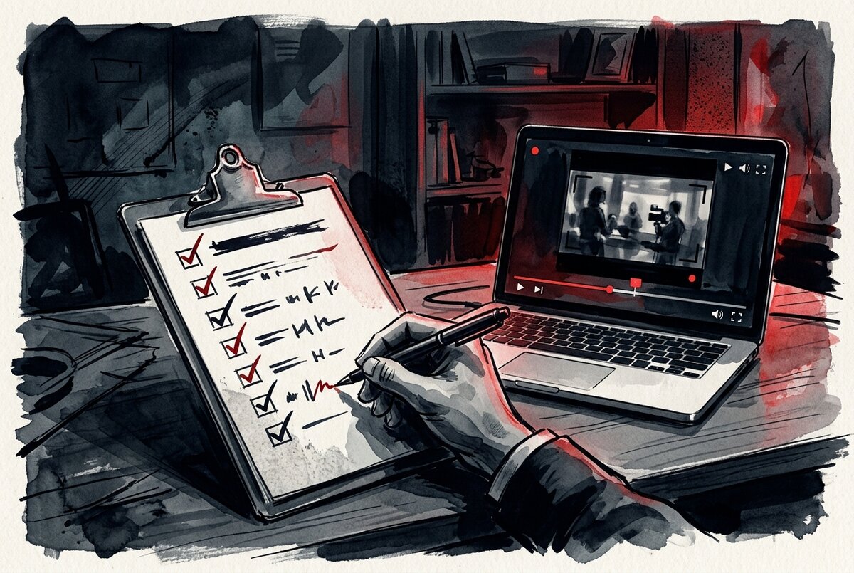 Brand compliance checklist being completed alongside a YouTube video draft review on laptop screen