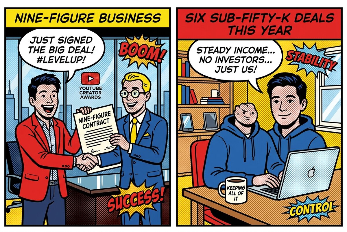 Pop-art split panel comparing the nine-figure-business roll-up promise with the brand-direct six-deals-a-year reality