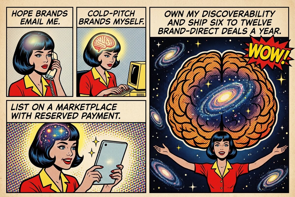 Pop-art galaxy-brain progression of brand-direct discoverability strategies for large creators