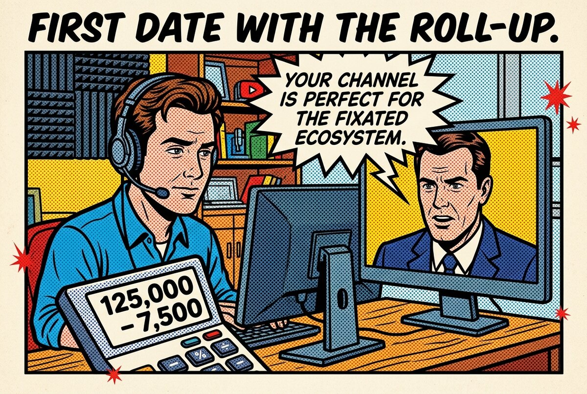 Pop-art comic of a creator on a video call with a roll-up agency exec while doing the commission math on a desktop calculator