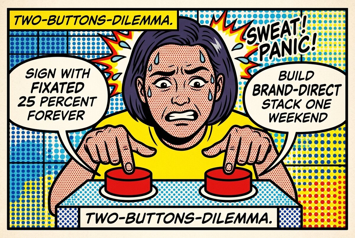 Pop-art panel of a creator deliberating between signing with a roll-up agency or building a brand-direct ops stack