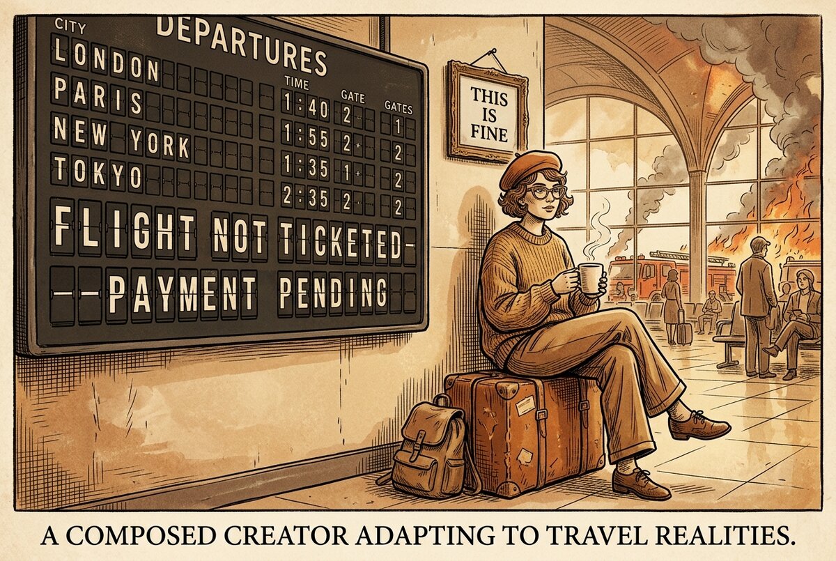 A vintage editorial illustration of a creator at the airport with a suitcase, calmly drinking coffee under a "FLIGHT NOT TICKETED — PAYMENT PENDING" departures board while the room is on fire around them