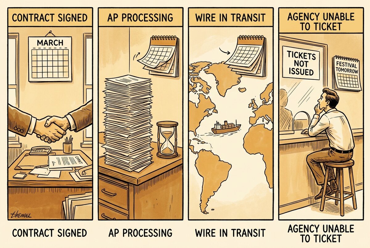 A vintage four-panel illustration showing the four steps of the international payment cascade, ending with a creator at a ticket counter receiving a "tickets not issued" sign one day before the festival