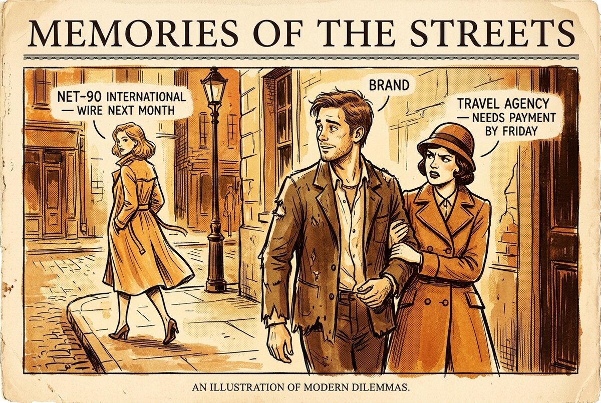 A vintage editorial illustration of the distracted-boyfriend meme. The "brand" is looking at a passerby labeled "Net-90 international wire next month" while his partner labeled "travel agency — needs payment by Friday" looks on in disbelief