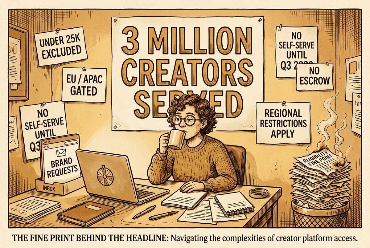 Small creator calmly working at a desk while signs listing YouTube Creator Partnerships eligibility gates cover the walls around them