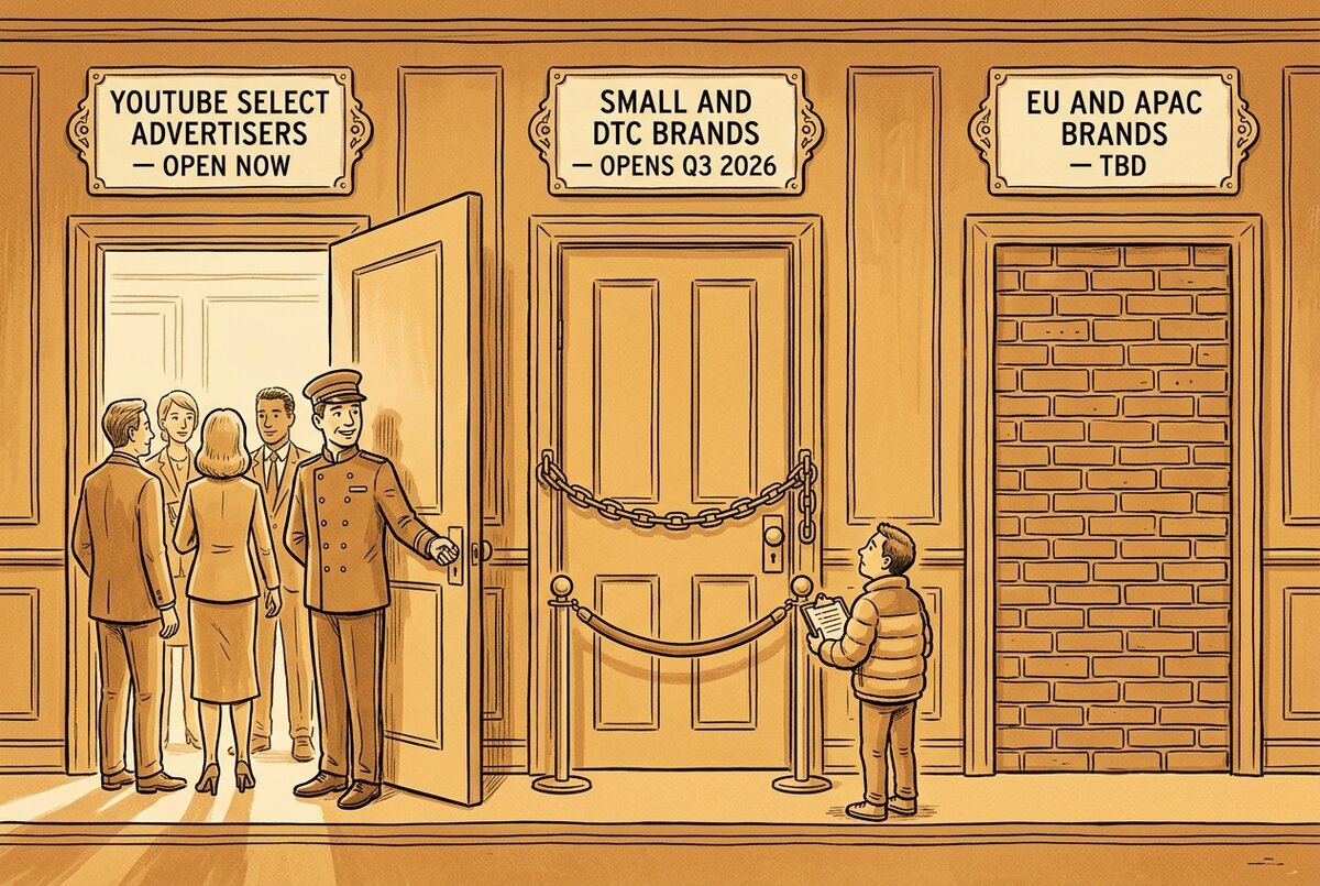 Three ornate doorways showing which brands can access YouTube Creator Partnerships today and which must wait or are excluded entirely