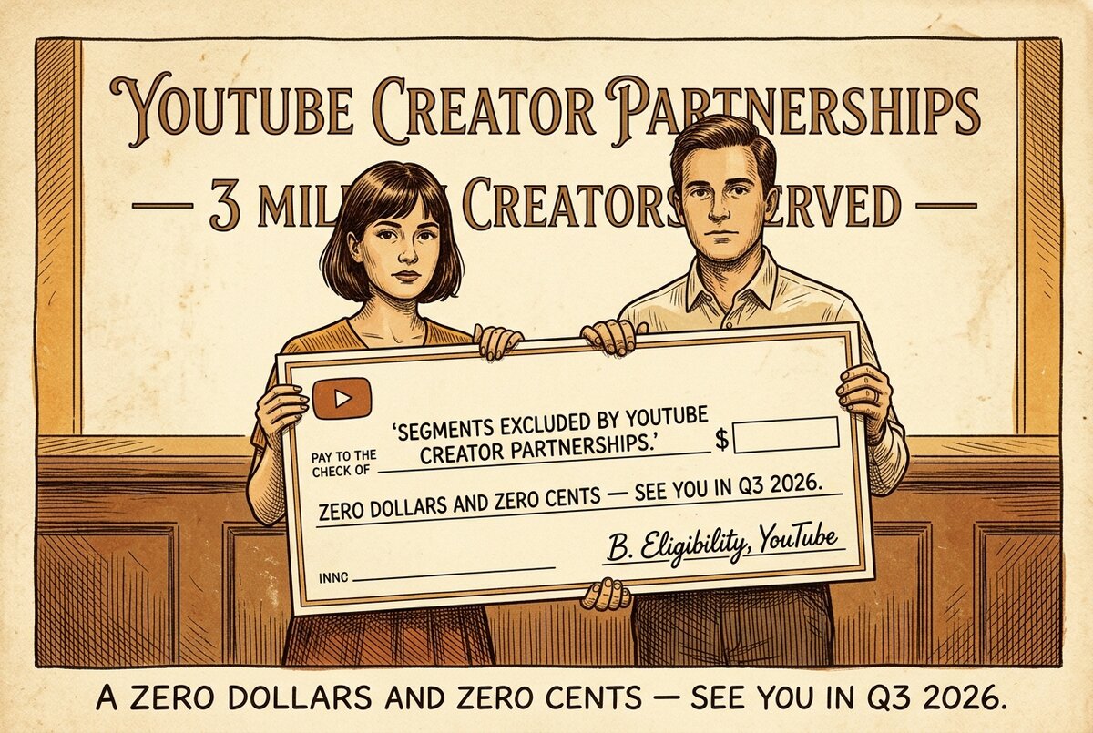 A small creator and a DTC brand holding a novelty check for zero dollars made out to segments excluded by YouTube Creator Partnerships