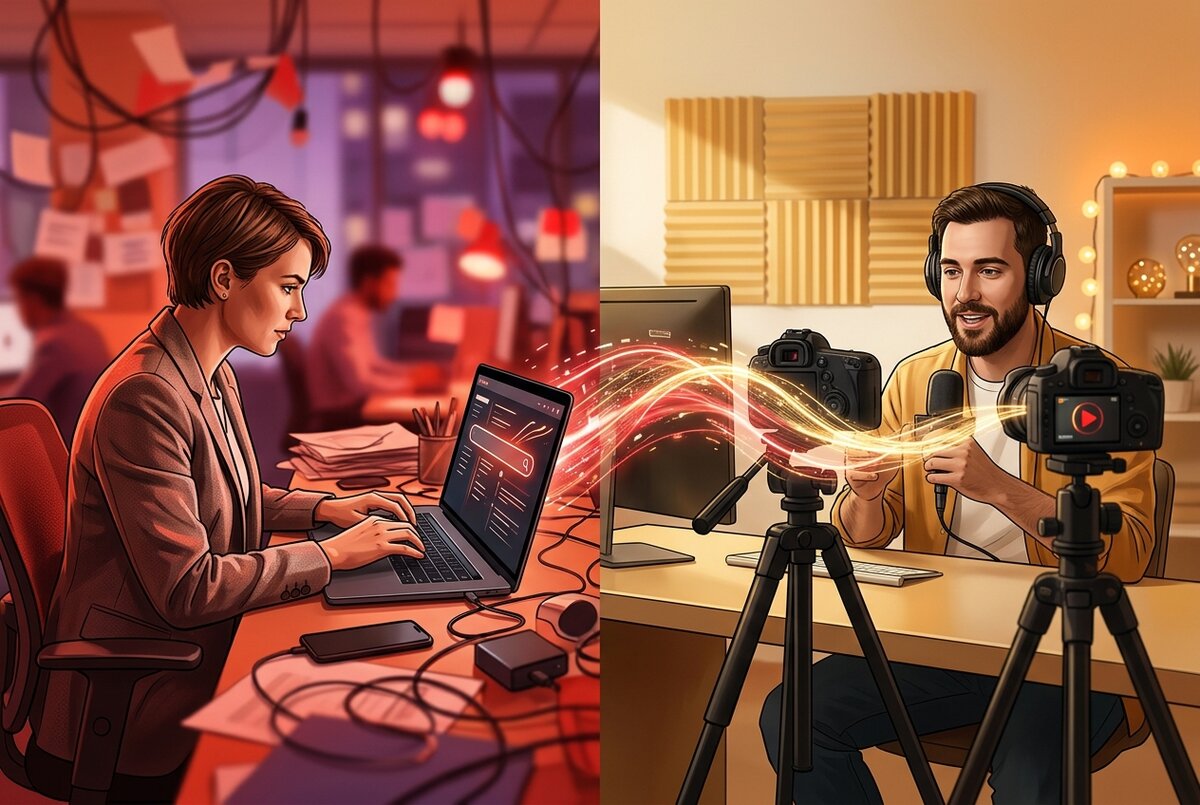 Split view of a brand marketer searching for creators and a YouTube creator filming, connected by a digital matching interface