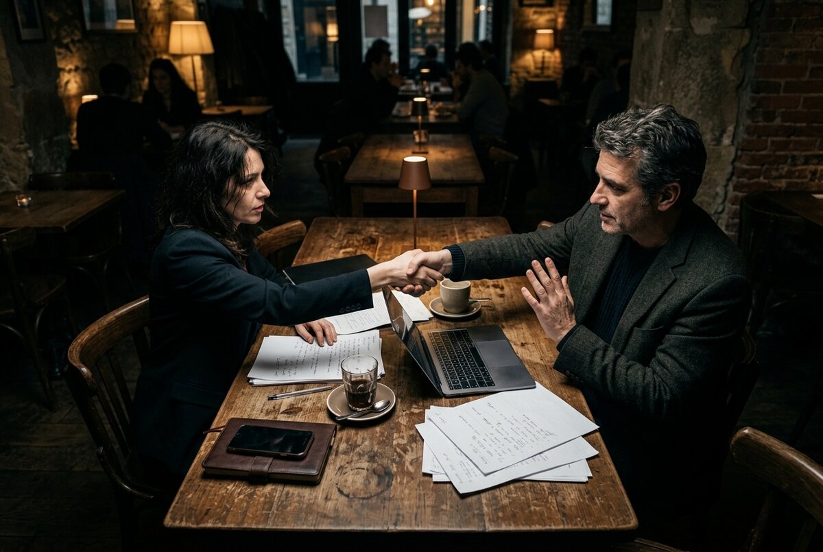 Two people about to agree on a sponsorship deal at a cafe, with the tension of unresolved deal terms visible in their body language
