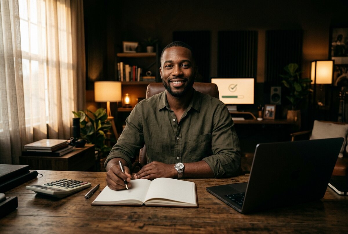 A YouTube creator confidently managing their sponsorship business with proper tools and documentation