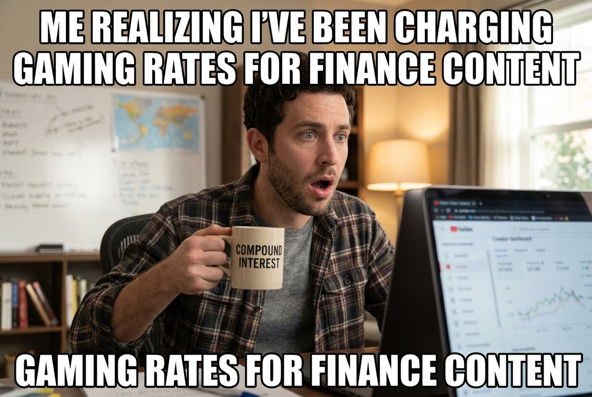 Finance creator reacting with shock to realizing they were underpricing sponsorships