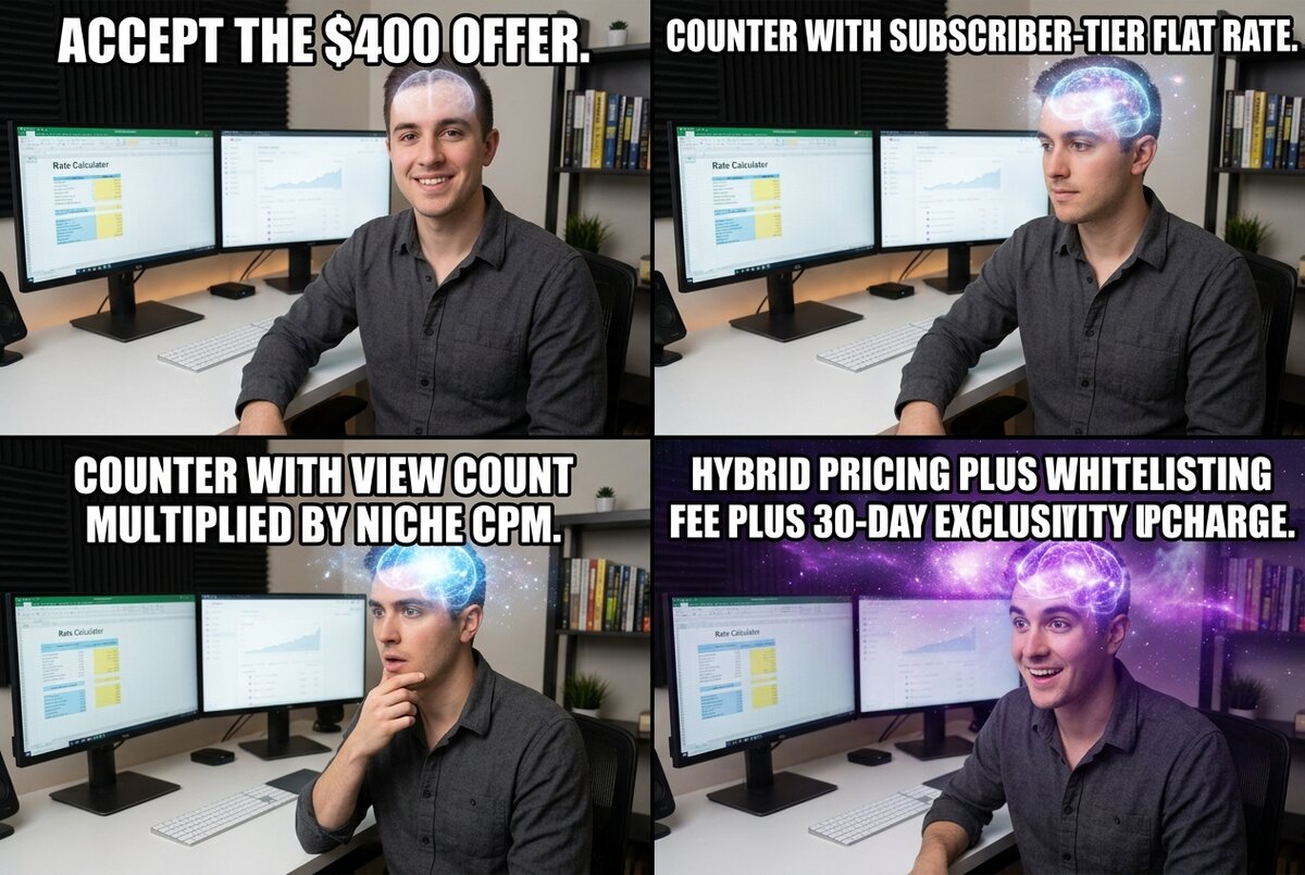 Escalating sophistication levels for a finance creator negotiating a sponsorship rate