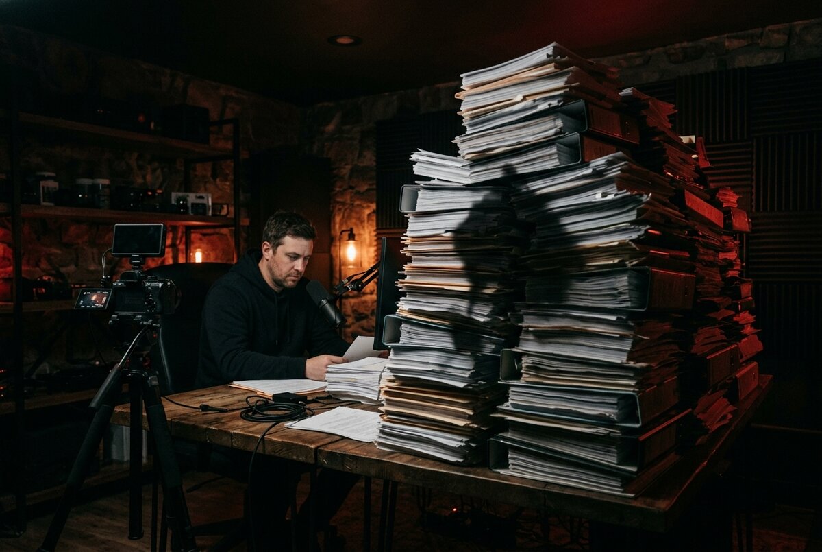 A YouTube creator at their desk dwarfed by an imposing stack of legal compliance documents, illustrating the weight of new FTC disclosure requirements