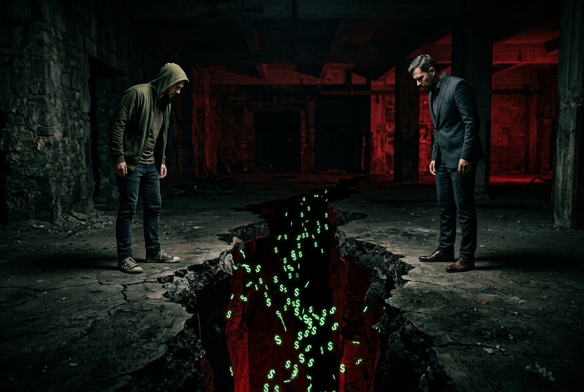 A creator and a brand representative separated by a widening crack representing shared financial liability, with money falling through the gap between them