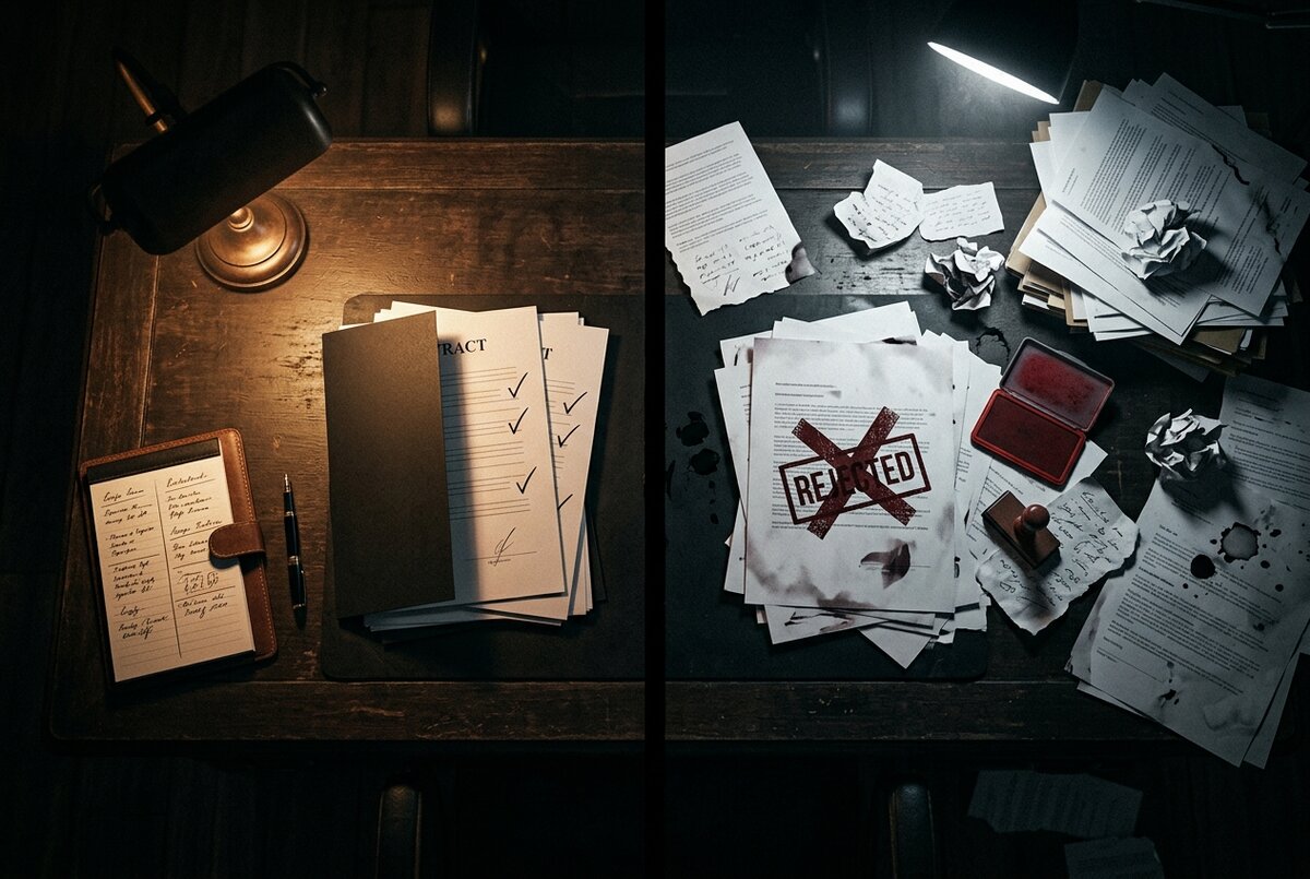 A split desk comparison showing organized compliance documentation on one side versus chaotic unstructured deal management on the other, representing the difference between compliant and non-compliant brand processes